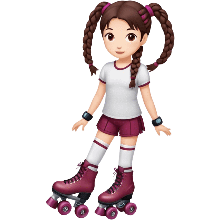 Cute girl, brunette with two braids, burgundy rollerskates emoji