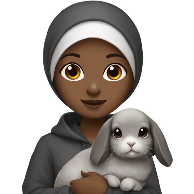 Black Muslim girl holding her cute gray holland lop emoji