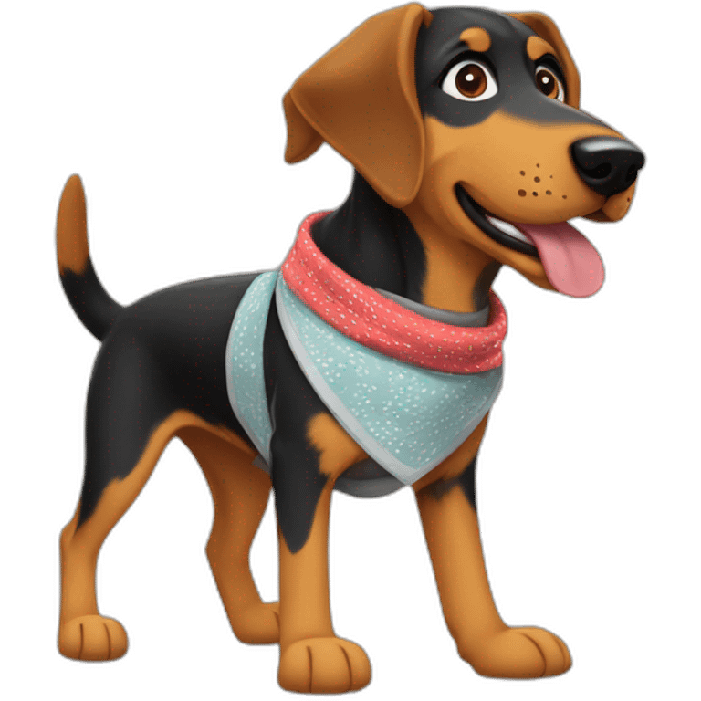 coonhound and German shepherd mix dog wearing bandana and walking emoji