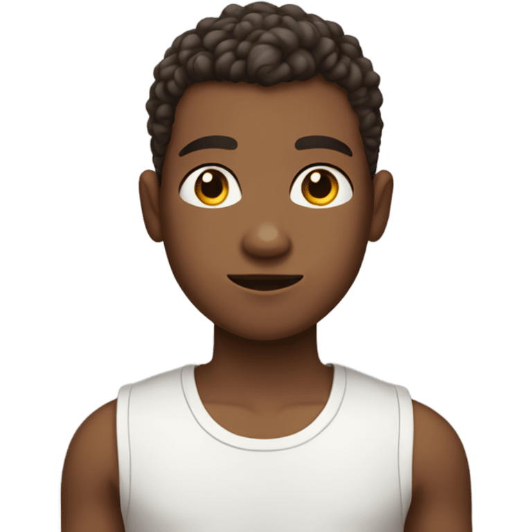 Boy with shaved hair on the sides and curly hair on top, dark brown eyes, wearing tank top emoji