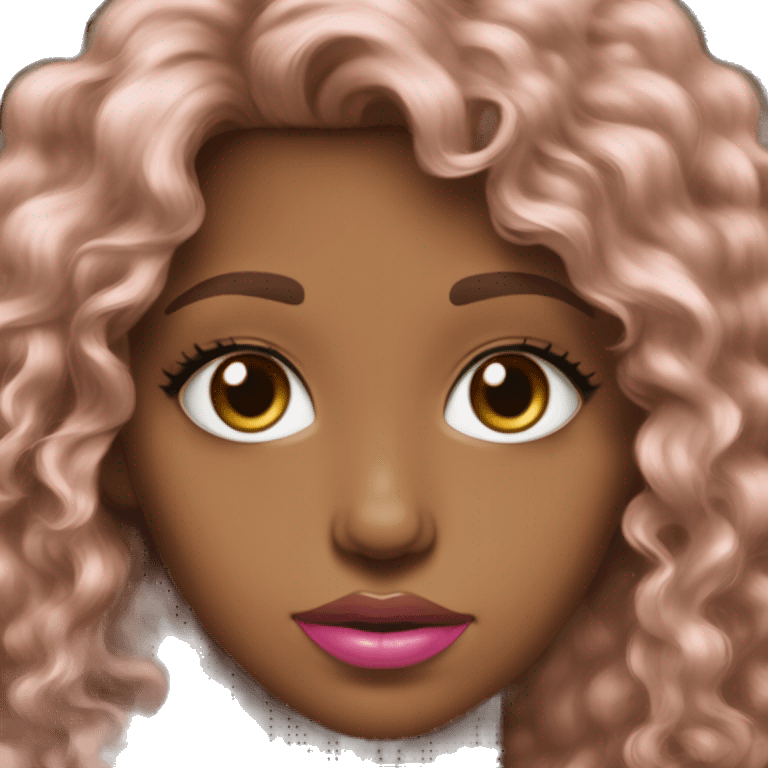 Green hazel eyes, pink lips, brown caramelised brown light curly long hair, with bangs  emoji