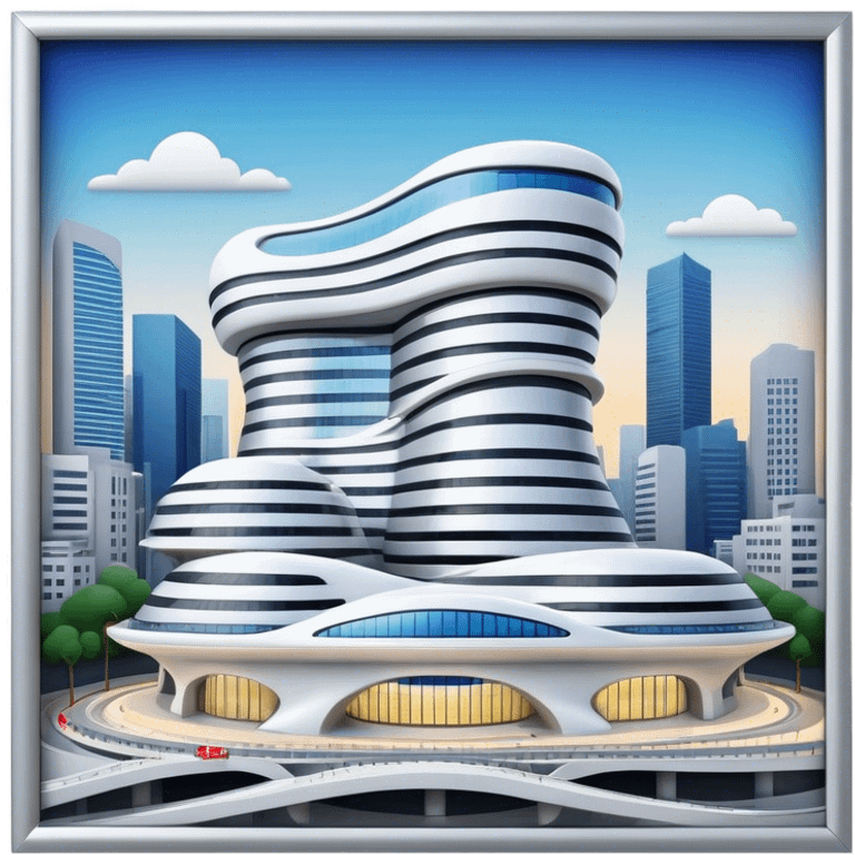 Realistic Dongdaemun Design Plaza (DDP) Landmark Emoji, featuring the iconic curving silver structure with futuristic architecture, illuminated pathways, and a sleek modern design set against the Seoul cityscape. emoji