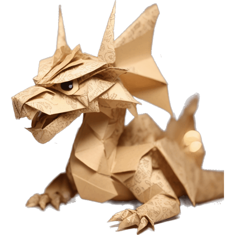 Sparkling patterned Beige Origami dragon with a dried flower crown made of newspapers intricate patterns surrounded by fairy lights emoji