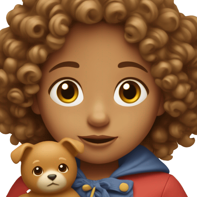 Little girl with curly hair holding a toy Paddington  emoji