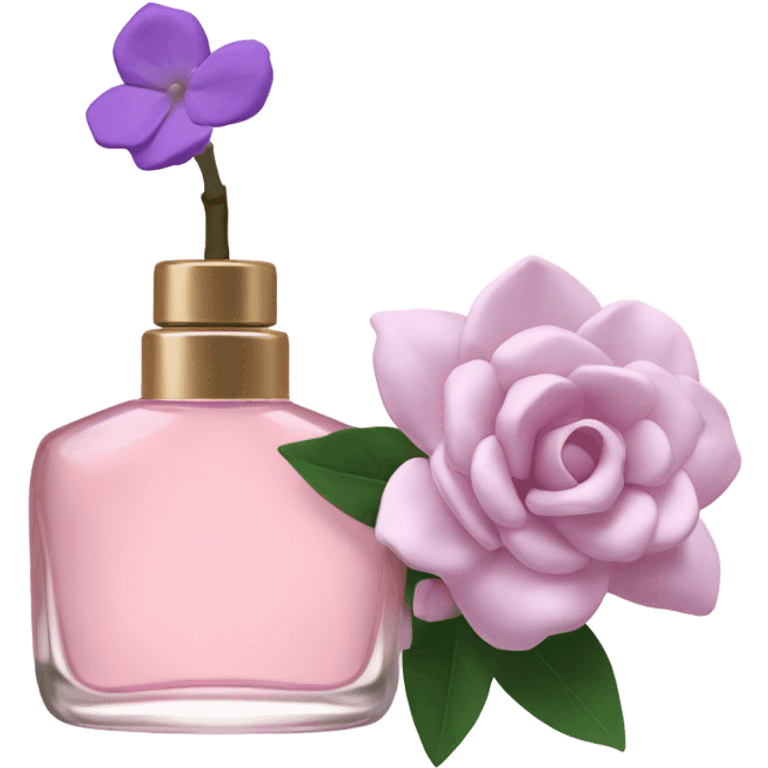 Aesthetic view of blush pink gardenias with a classic violet perfume bottle.
 emoji