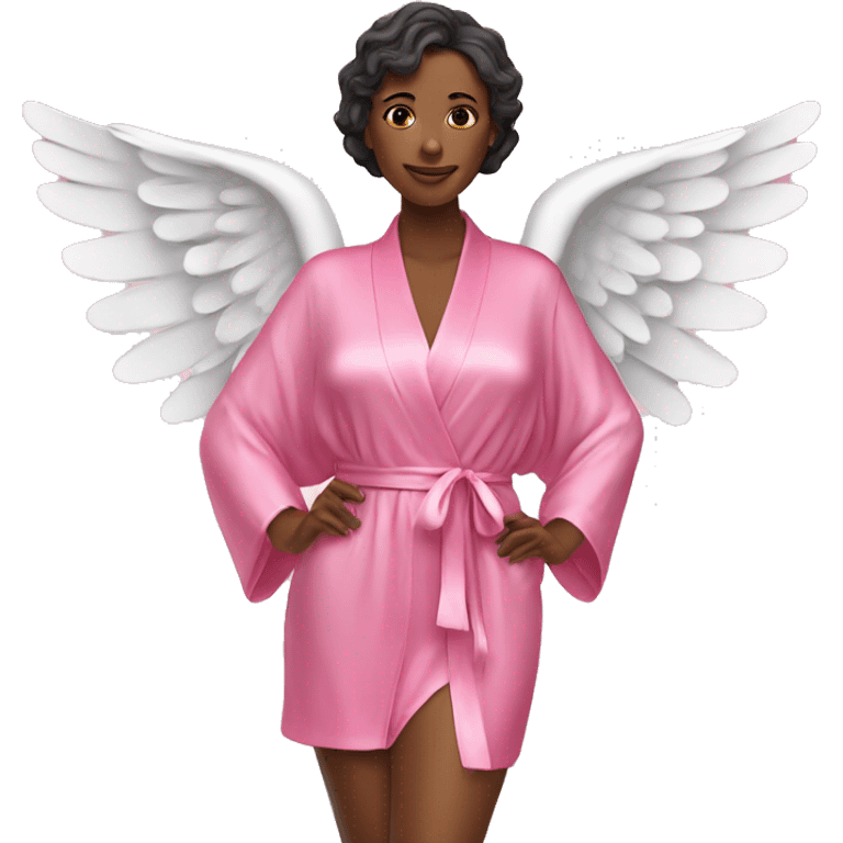 woman in pink silk robe and bikini with angel wings emoji