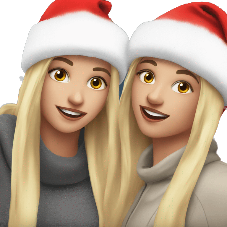 blonde girls with Santa hats outdoor selfie emoji