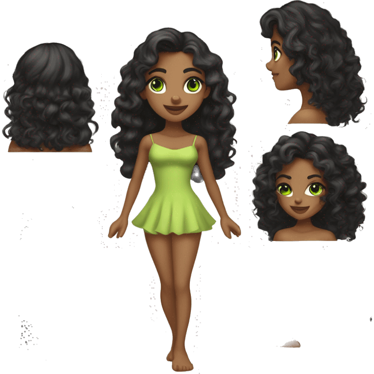 long curly black hair, full body head to toe, eyes with a hint of green, eyes positive  canthal tilt ,medium thick eyebrows , and thin lips, round face shape, soft jawline, full body, teen, sensual, american, woman, well defined feminine body emoji