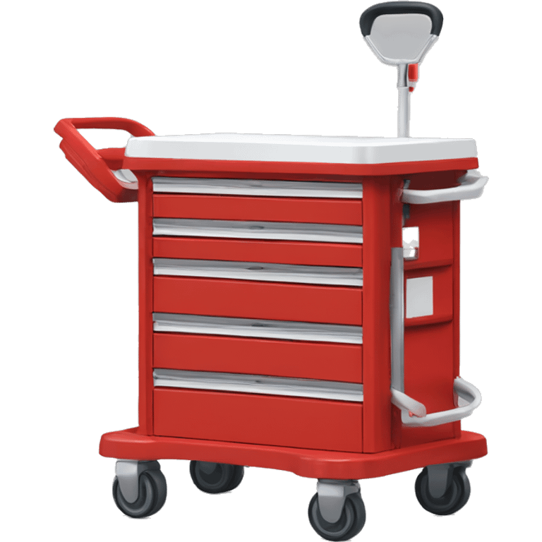 Singular Red medical crash cart is a mobile, multi-drawer unit designed to store and organize emergency medical supplies and equipment emoji