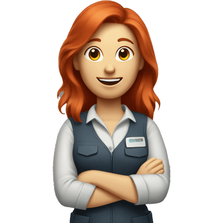 Red haired woman with work clothes showing her thumbs up emoji