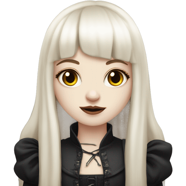 pale skinned girl with long ruby hair with fringe bangs and is in gothic outfit emoji