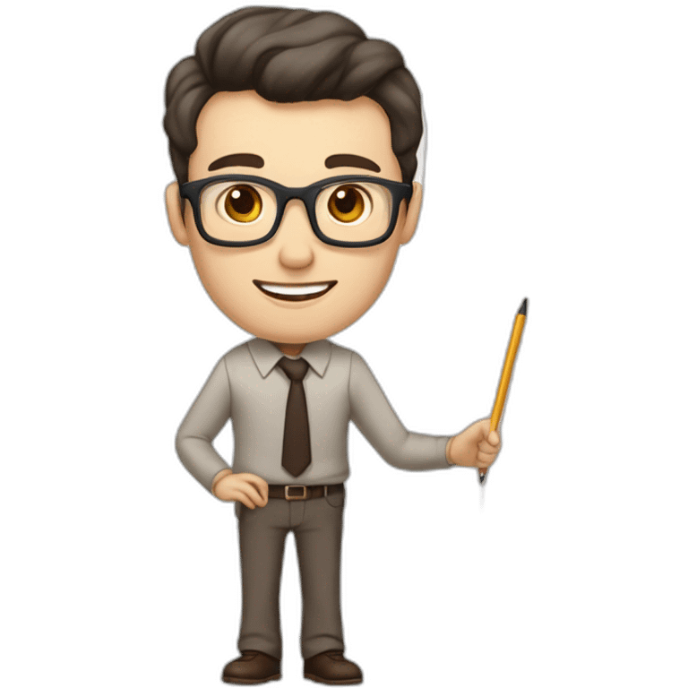 Pale skinned fit man with dark brown hair in gray jacket, beige office shirt, brown tie, brown pants and vintage glasses Writing on the flipchart emoji