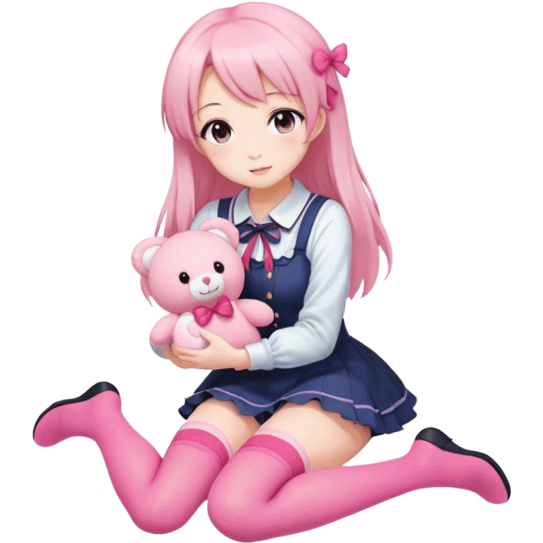 Anime girl in thigh-high stockings, kneeling playfully while holding a cute pink plush toy. Soft shading, warm lighting, charming and wholesome atmosphere. emoji