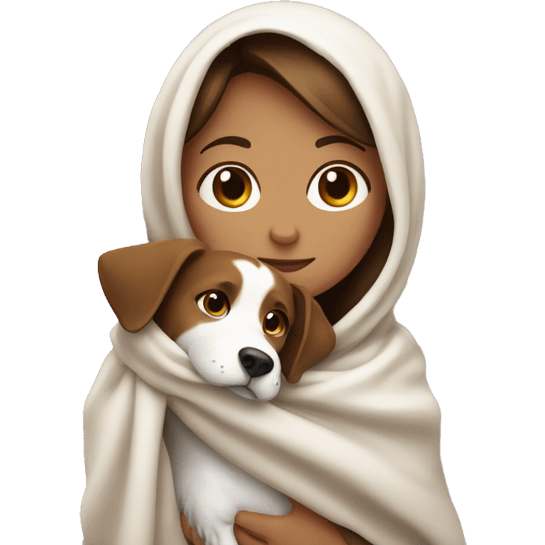 Brown haired girl, wrapped up in a blanket. Holding a brown and white dog. emoji