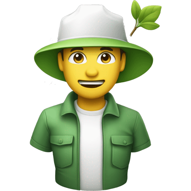 gardener pith helmet jacket white green trees smirk emoji