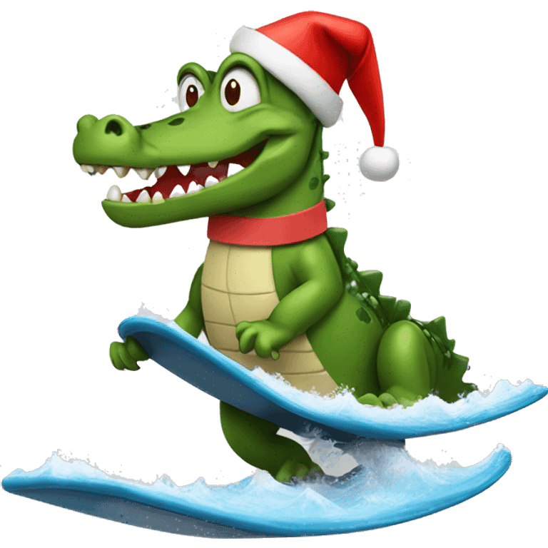 Crocodile surfing with Christmas hat  emoji