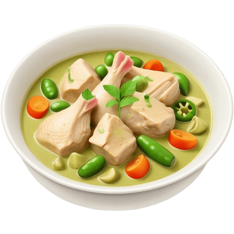 Green Chicken Curry Cinematic Realistic Green Chicken Curry Dish Emoji, depicted as tender chicken chunks simmered in a fragrant green curry sauce with vegetables, rendered with vivid textures and dynamic, vibrant lighting. emoji