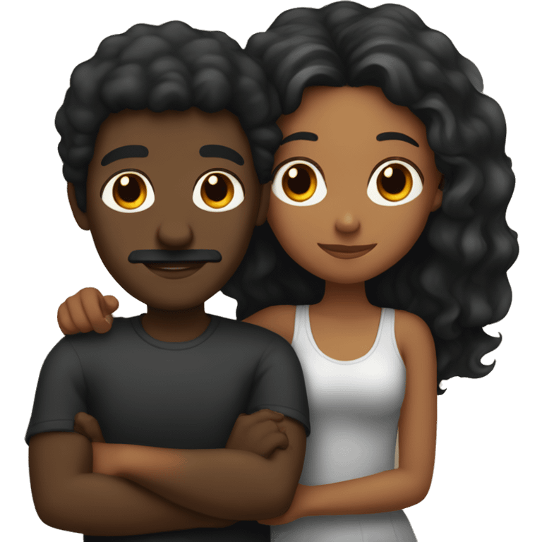 Black guy with black hair and moustache hugging brown girl with black and red hair emoji