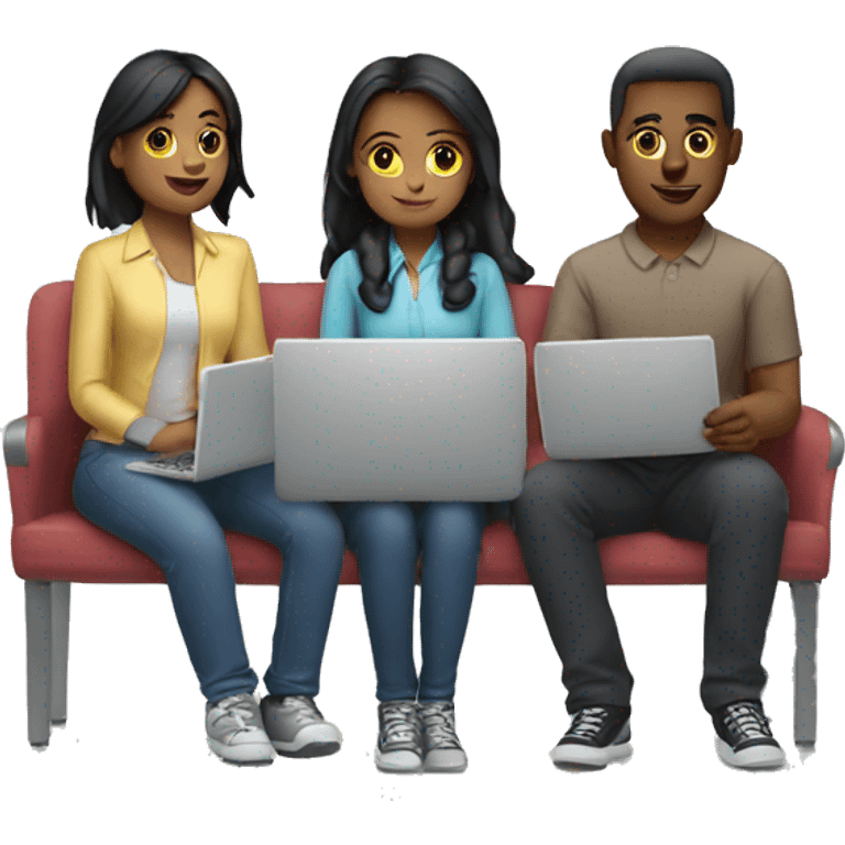 2 girl and 3 man each of them holding laptop and sit together  emoji