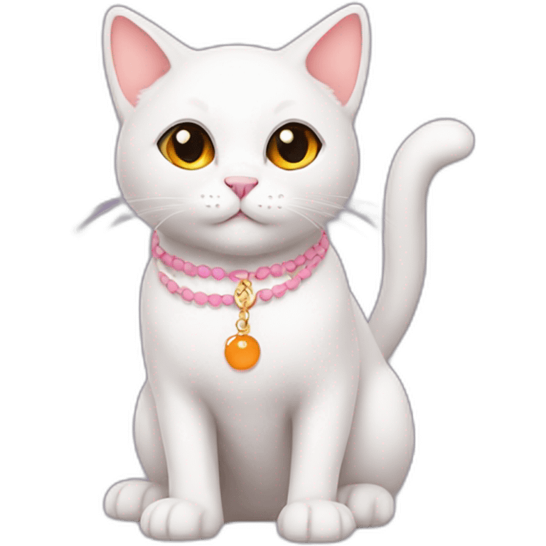 full body white orange cat cute with a small black eyes and a paw pink necklace emoji