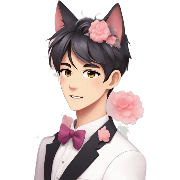 Gorgeous romantic anime style Asian formal modern gentlemanly guy with cat ears and flowers and blushing face aesthetic trending style outside with colorful gradient colors emoji