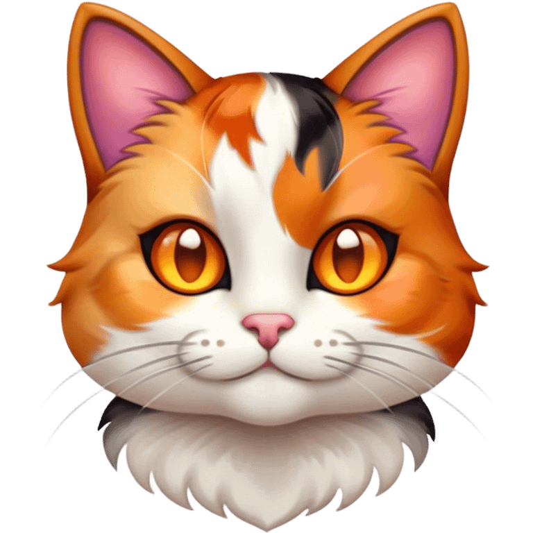 Cinematic Cute Calico Cat Portrait Emoji, Head tilted playfully with sparkling, inquisitive eyes and a charming patchwork fur of orange, black, and white, simplified yet irresistibly adorable, highly detailed, glowing with a warm, inviting glow, high shine, bubbly and affectionate, styled with a touch of whimsical feline charm, soft glowing outline, capturing the essence of a delightfully cute calico cat that looks as if it could prance off the screen into your heart! emoji