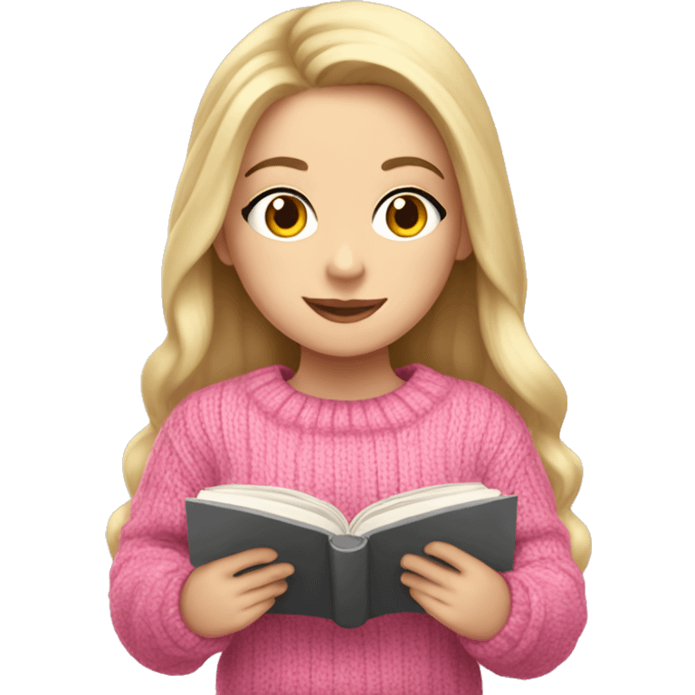 Pretty white girl with pink sweater reading cozy emoji