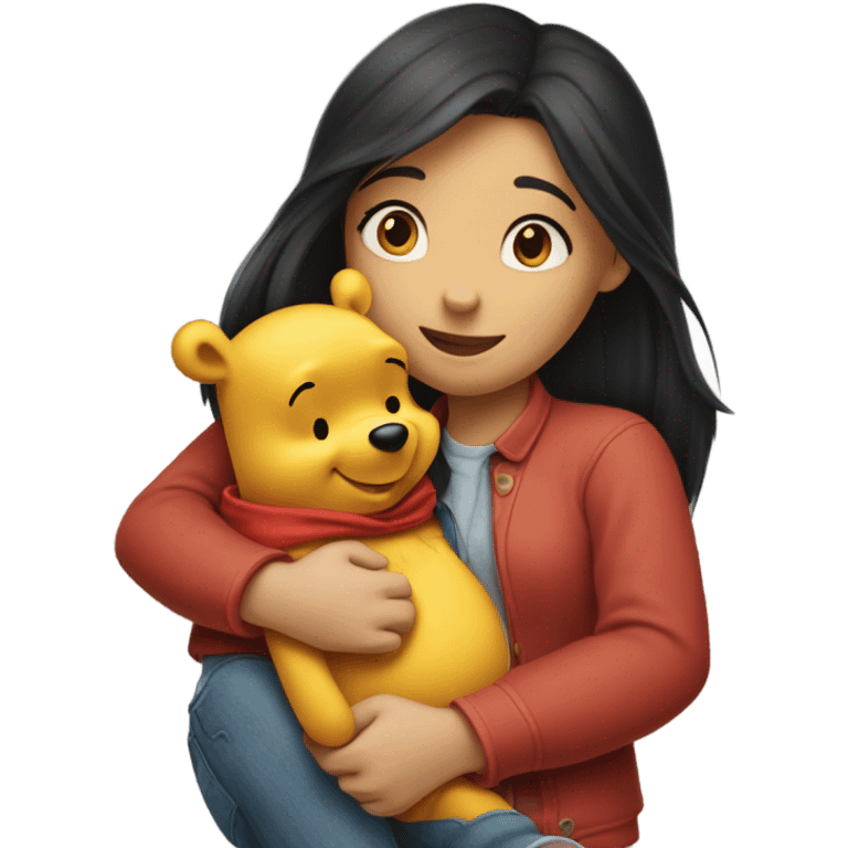 Winne the Pooh hugging pretty brunette girl wearing jeans emoji