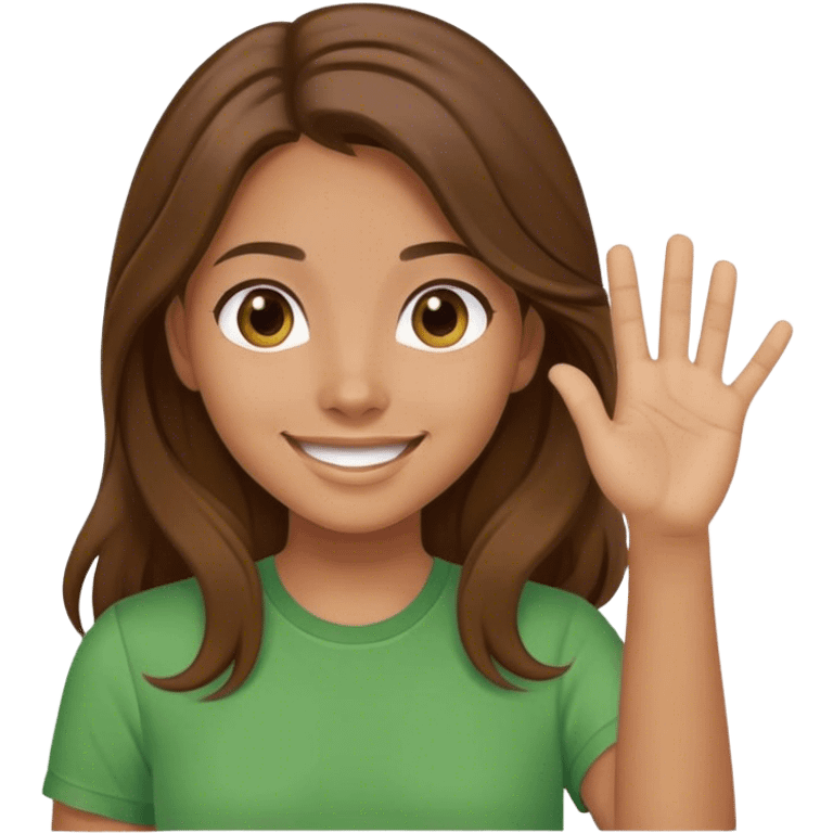 smiling girl with long brown hair, middle hair part, waving, green shirt emoji