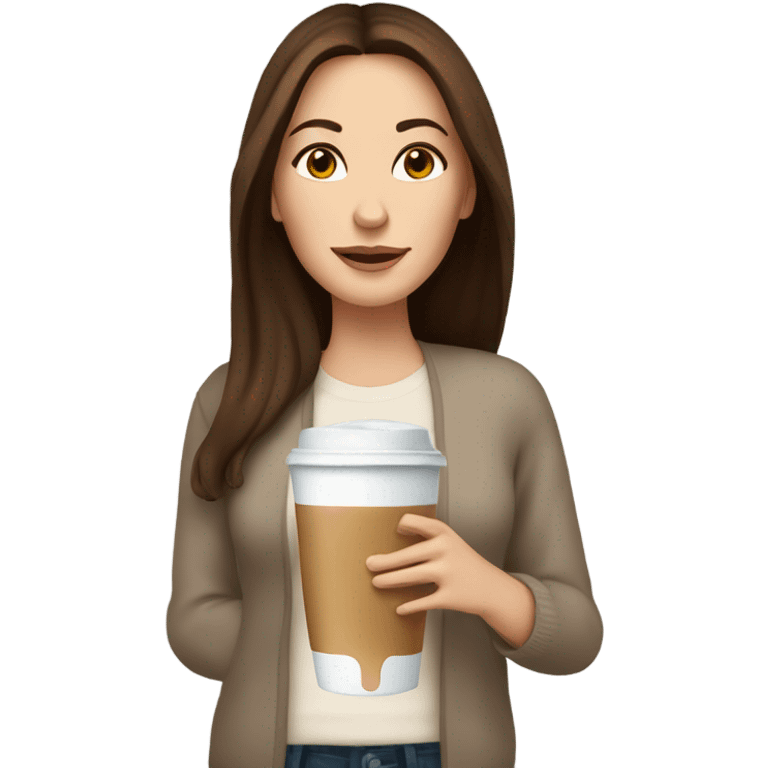 Beautiful white woman mom, long straight brown hair, brown eyes, cozy holding an iced coffee, white sweater emoji