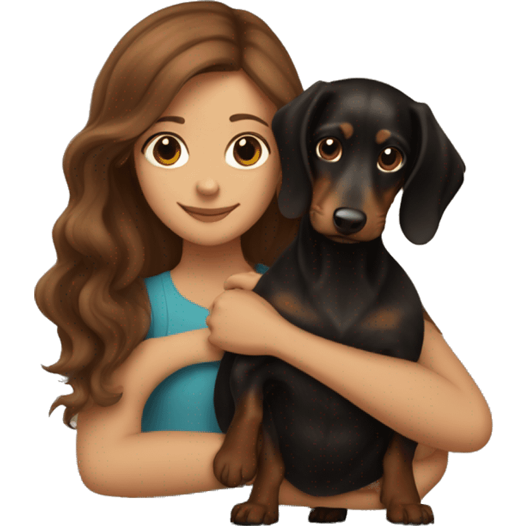 Brown long wavy hair girl cuddling a small honey black dachshund emoji