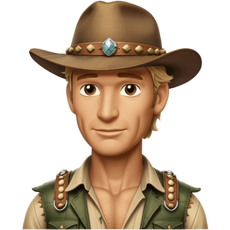 Cinematic Realistic Crocodile Dundee Pop Culture Emoji, depicted with rugged charm and adventurous spirit rendered with lifelike detail and cinematic lighting. emoji