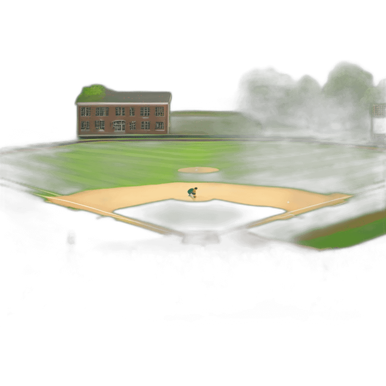 a small school with green mountain in north and creek in south and small children playing baseball on the field emoji