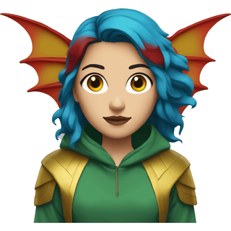 Lady with brunette and blue hair, gold, green dragon wings, maroon hoodie, black and gold Nike t shirt, and bright red eyes emoji