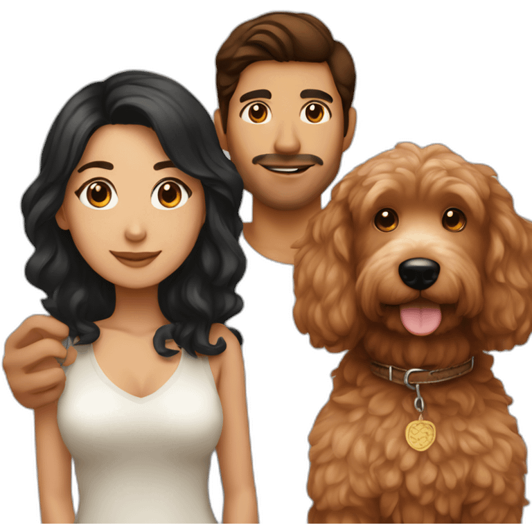 Mexican guy with brown hair and asian girl with long black hair holding red goldendoodle emoji