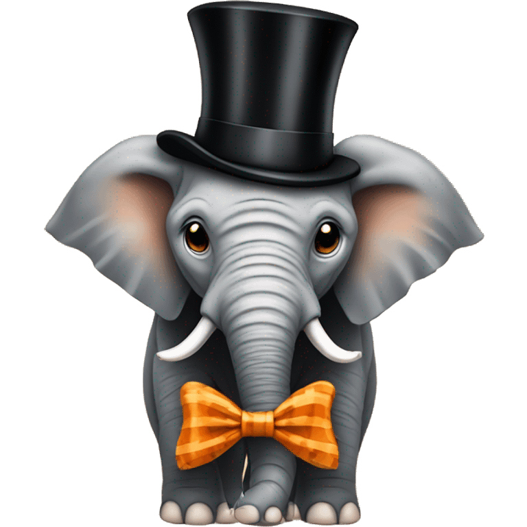 elephant with a  bow tie and top hat with an outfit that is orange and black tiger striped emoji