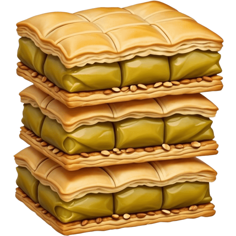 Cinematic Realistic Baklava Dessert Emoji, depicted as layers of flaky pastry with honey and nuts rendered with rich textures and warm, inviting lighting. emoji