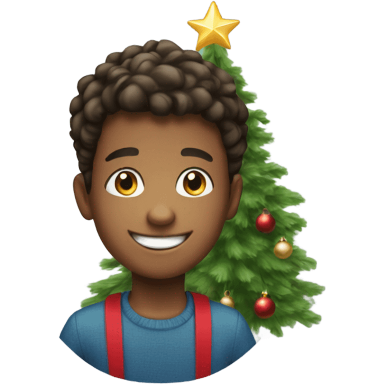 smiling boy near christmas tree emoji