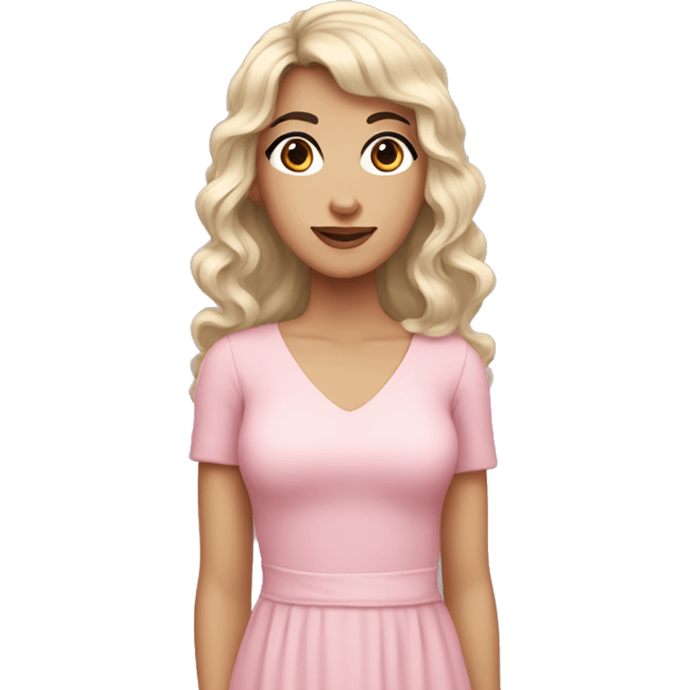 White woman with long black curly hair and bangs and dark brown eyes, wearing a pastel pink dress emoji