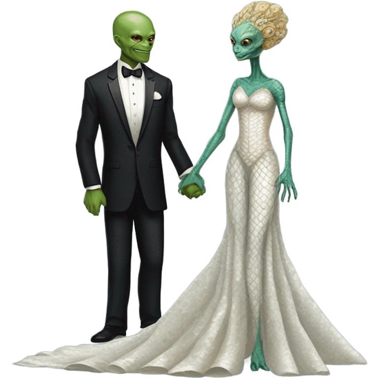 Alien reprilian woman in wedding dress and one humman man in a tuxedo holding hands getting married emoji