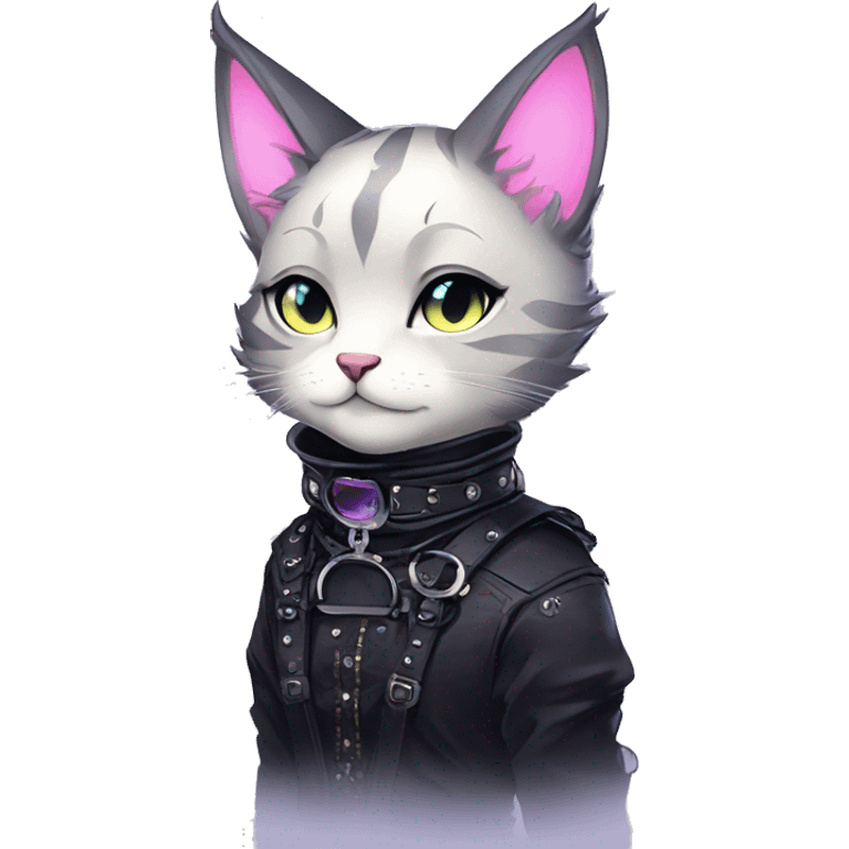 Gorgeous sparkly epic magical gradient gothic dark techwear anime style anthro cat with blushing face aesthetic and pretty edgy black with collar and harness trending style emoji