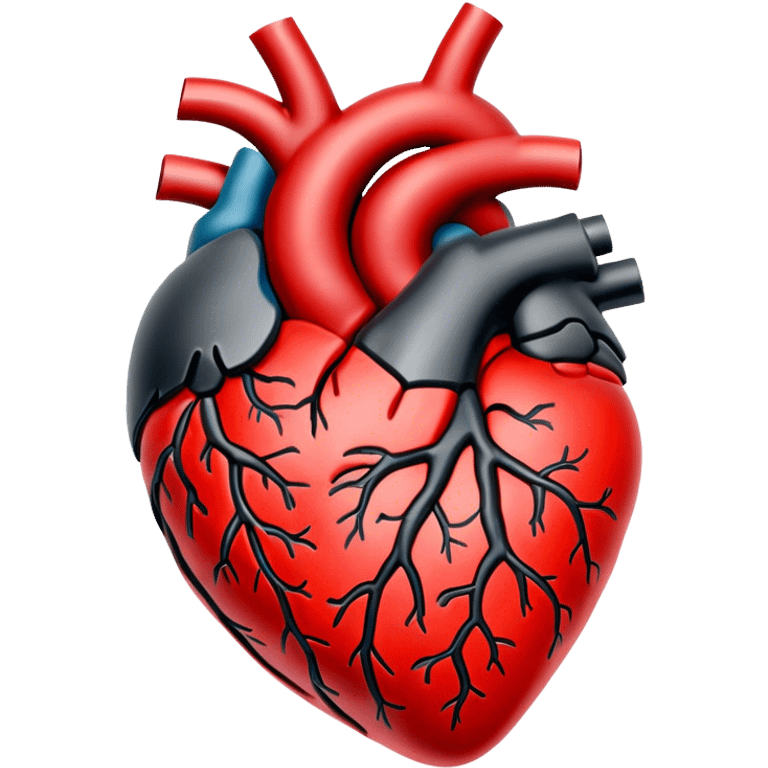 A highly detailed, hand-drawn anatomical human heart with a bold, red and black color scheme. The heart should have a textured, slightly vintage, and embroidered look, with strong highlights and shadows giving it depth. The edges should have a white outline, making it stand out from the background. The background should be transparent to make it a clean PNG file. emoji