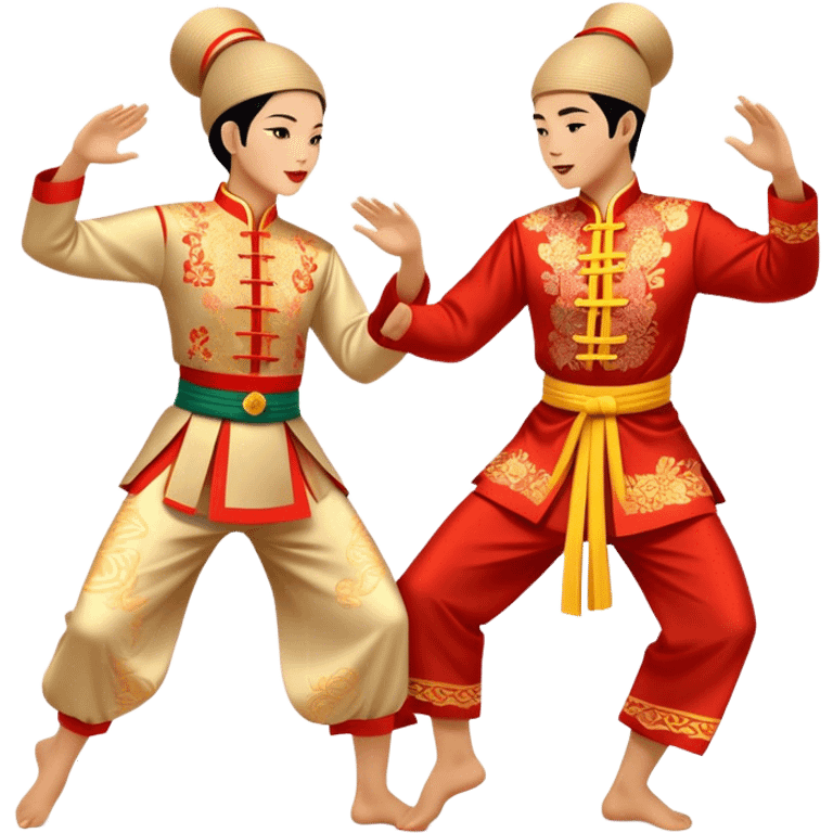 Cinematic Realistic scene of two performers executing a traditional Vietnamese folk dance, adorned in intricately patterned traditional costumes, captured in fluid motion with soft, culturally rich lighting emoji