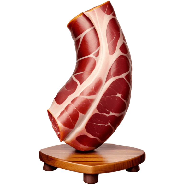 ​Cinematic Realistic Spanish Jamón Leg, depicted as a massive, cured leg of Jamón serrano (ham) with a deep reddish-brown hue, intricately marbled and slightly glossy with age, elegantly displayed on a rustic wooden stand and bathed in warm, soft lighting that accentuates its artisanal heritage, emoji