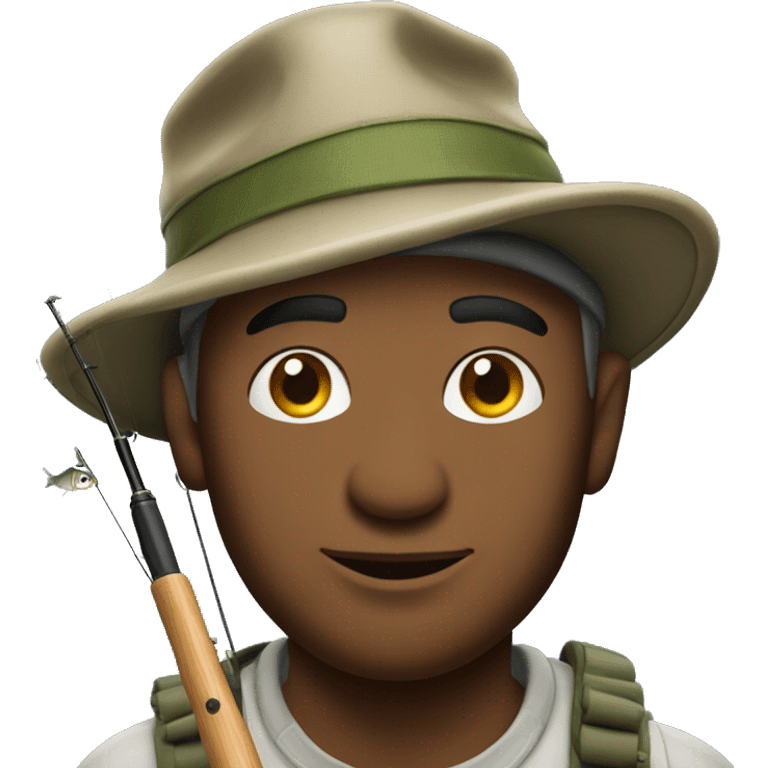 man wearing fishing hat holding fishing rod hooked with large fish emoji