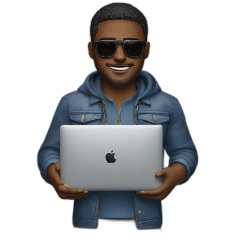 a man with sunglasses holding macbook pro 14 inch emoji