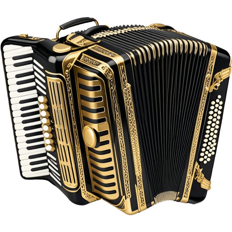 Create an elegant and detailed emoji representing a luxurious Weltmeister accordion. The design should feature the accordion with its signature bellows and intricate metal grille, showcasing the refined craftsmanship. Add subtle musical notes around the accordion to symbolize the rich sound it produces. Use a combination of gold, silver, and deep black or brown tones to highlight the instrument's luxury and high-end nature. The background should be transparent. emoji