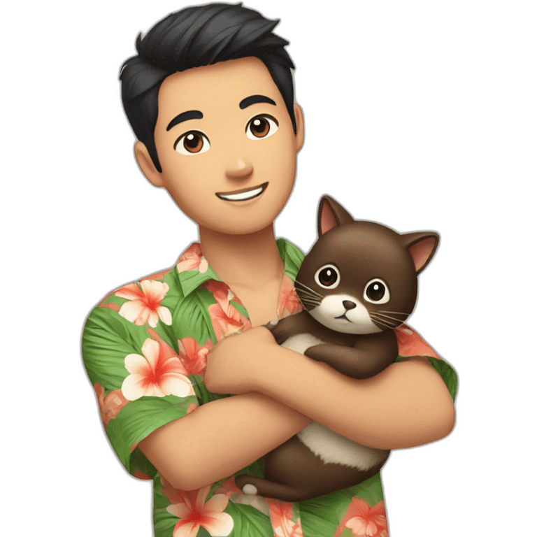 Young Asian man in Hawaiian shirt holding a tanuki cat in his arms emoji