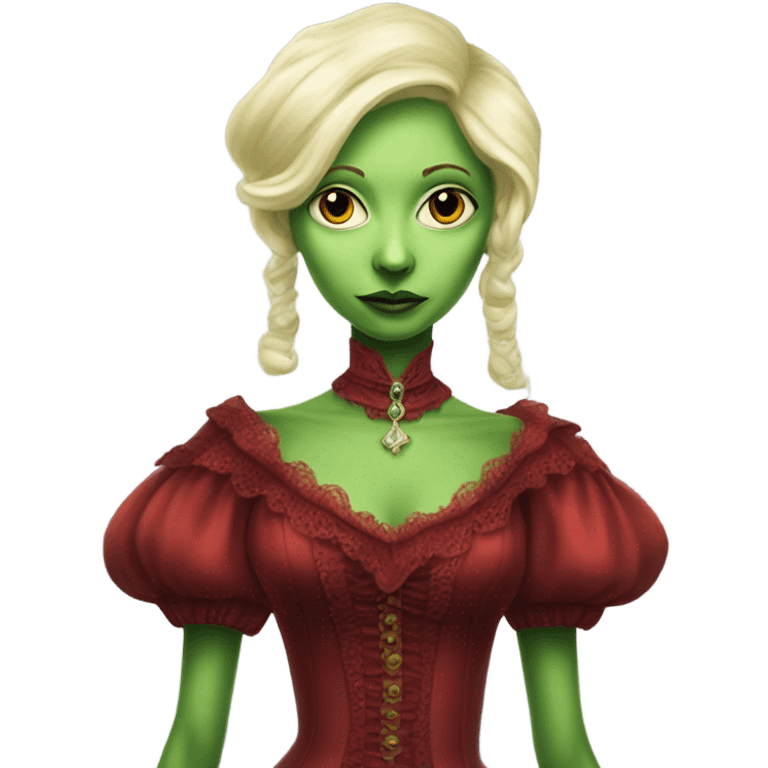 "galora green blonde alien woman" in red Victorian dress red elegant, full body emoji