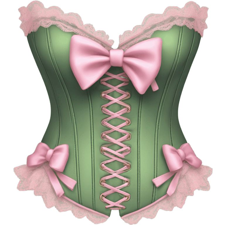 Sage green corset with pink lace and bows, isolated emoji